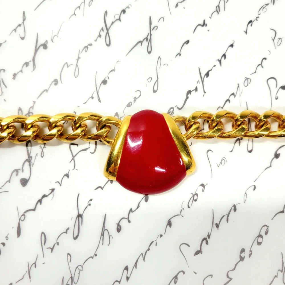 Vintage Monet Red Enamel Choker Necklace Earrings Set, Gold Curb Chain